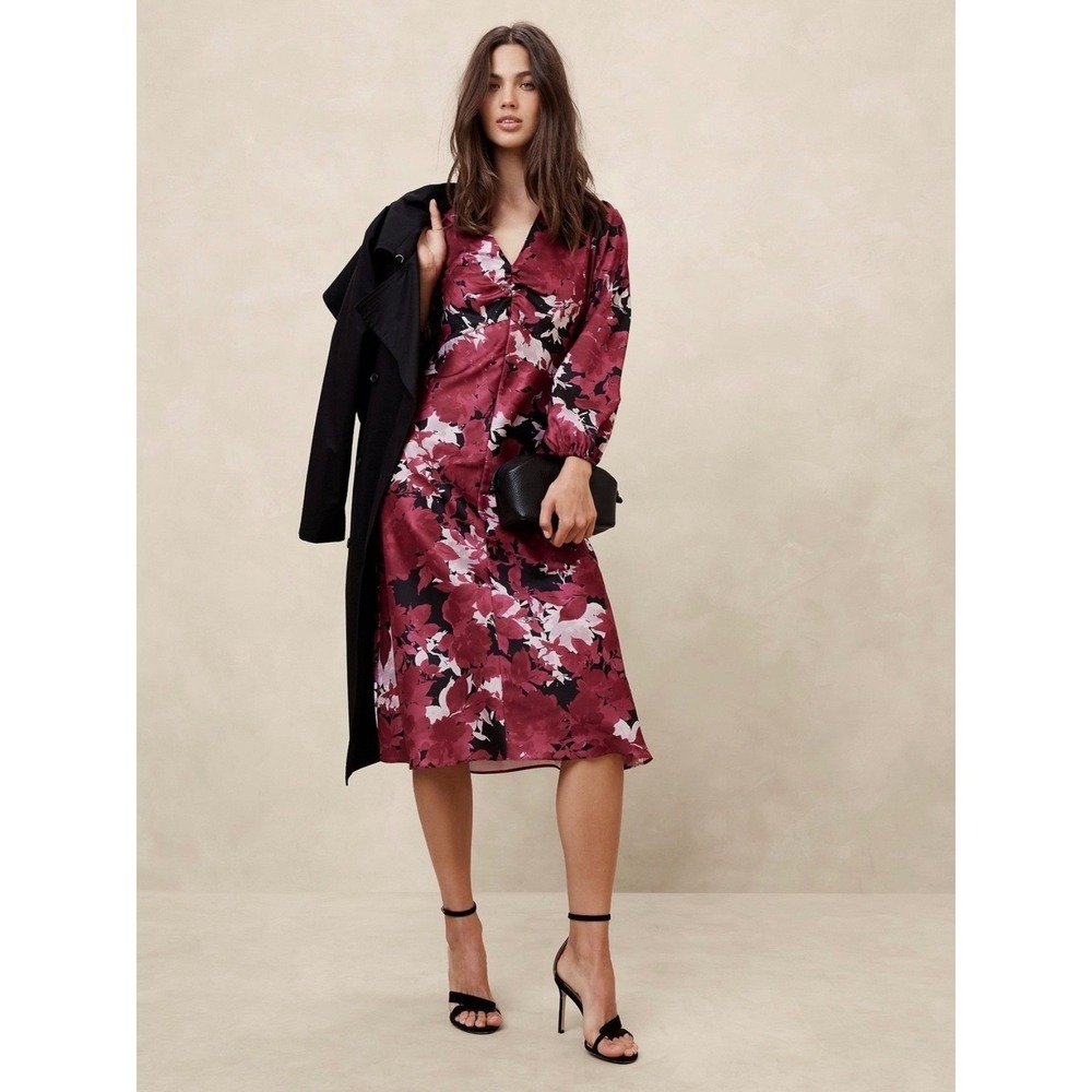 Banana Republic Floral Ruched V-Neck Midi Dress Pink Black Size 6